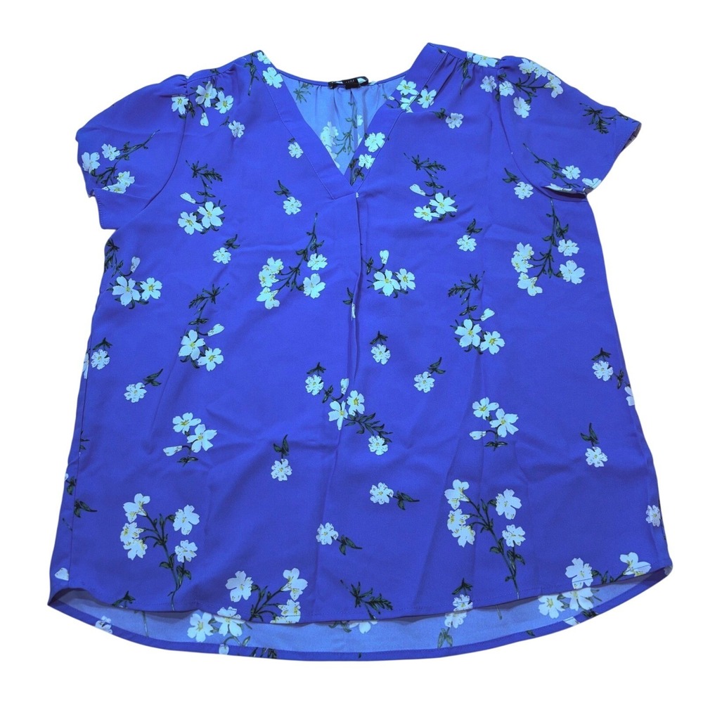 Hilary Radley Womens Blue Floral‎ V-Neck Short Sleeve Blouse Top Size Medium